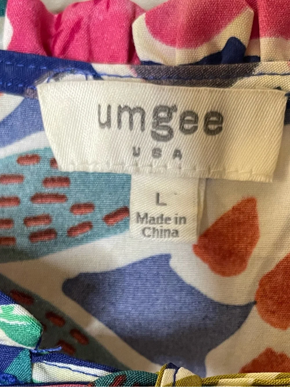 Umgee Navy Multicolor Floral Tie-Neck Peasant Blouse Sz L - Picture 3 of 4